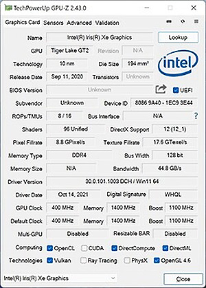 GPU-Z Iris Xe Graphics G7